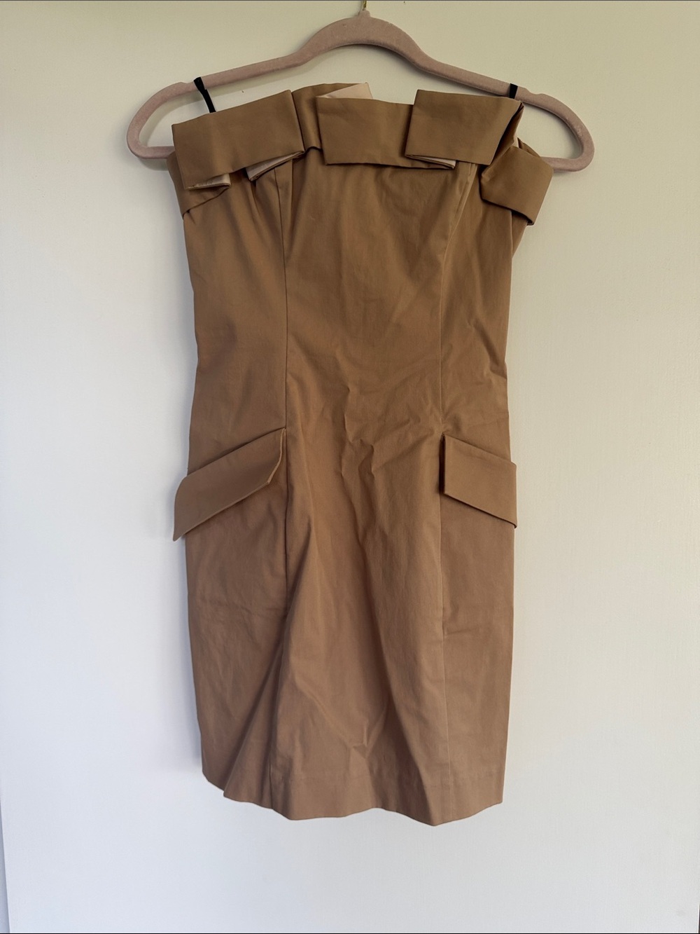 bebe Strapless Tan Sheath Dress with Folded Neckline